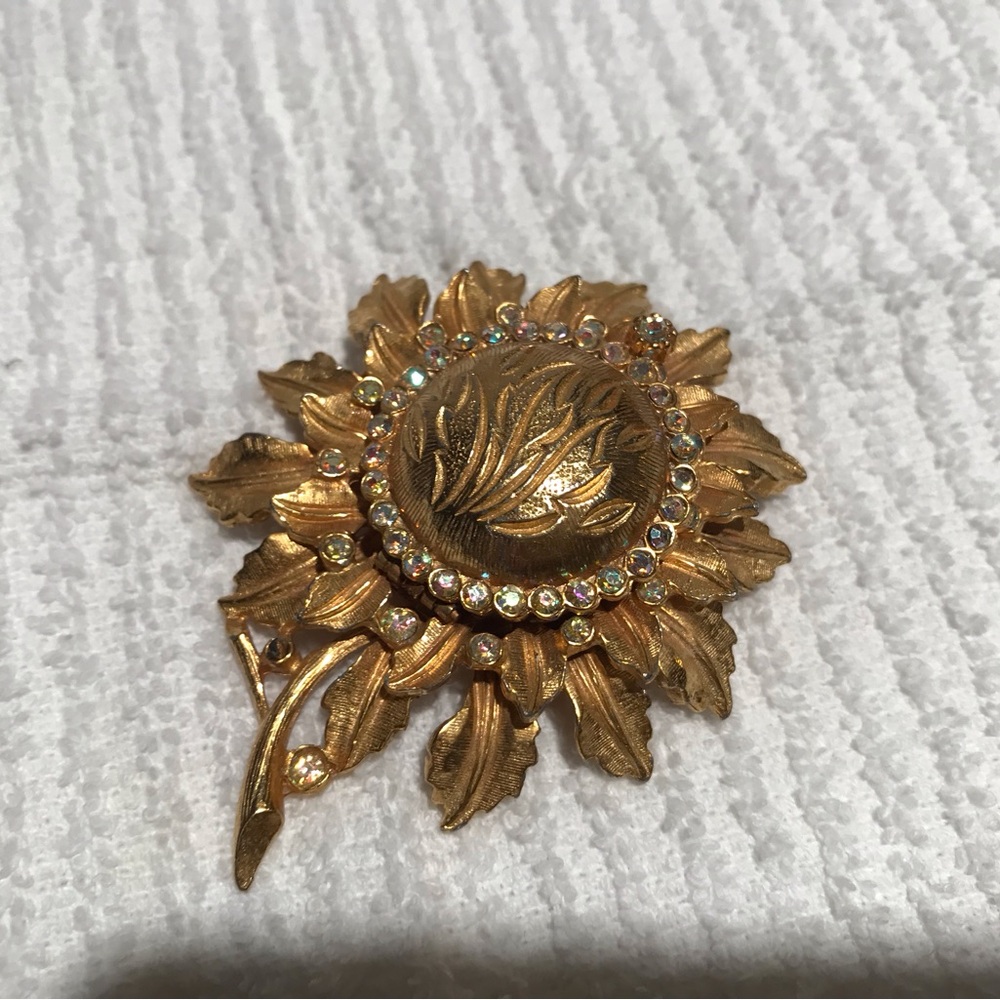 Vintage Gold Leaf Brooch with Crystal Accents